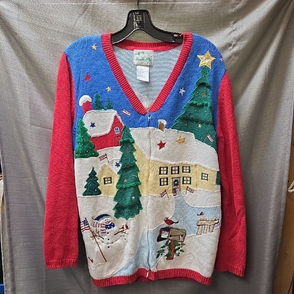 Quacker Factory Ugly Sweater Cardigan Size M Christmas Angels Patriotic USA‎